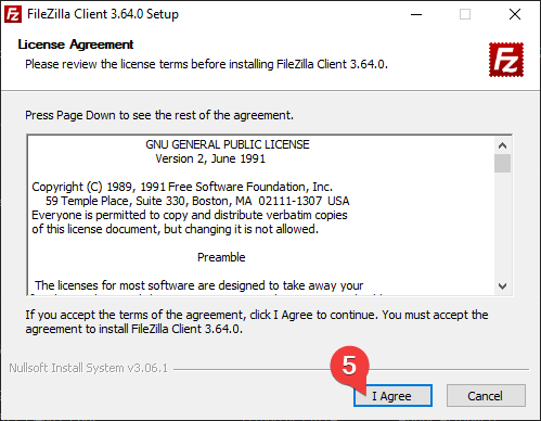 License Agreement page of the FileZilla installer